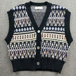Alicedudu Sweater Vest Women's L Black Isle Geometric Button Front Knit Cardigan
